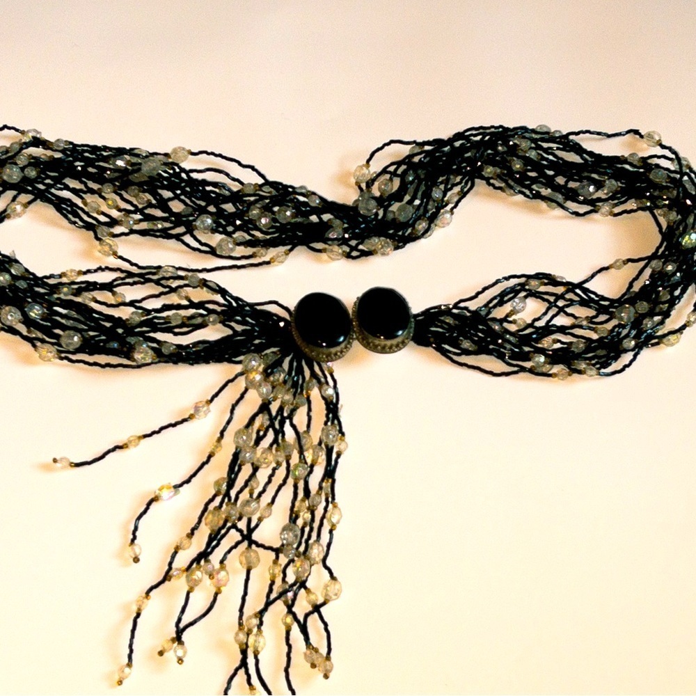 Vintage Gatsby-Style Beaded Belt with Black Brooch Buckle Closure.